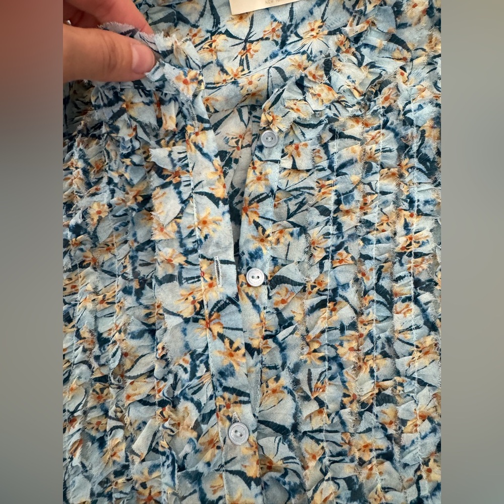 Ulla Johnson Adira Silk Puff Sleeve Button Top Blue Floral Print Poplin Size 0 - Picture 9 of 10